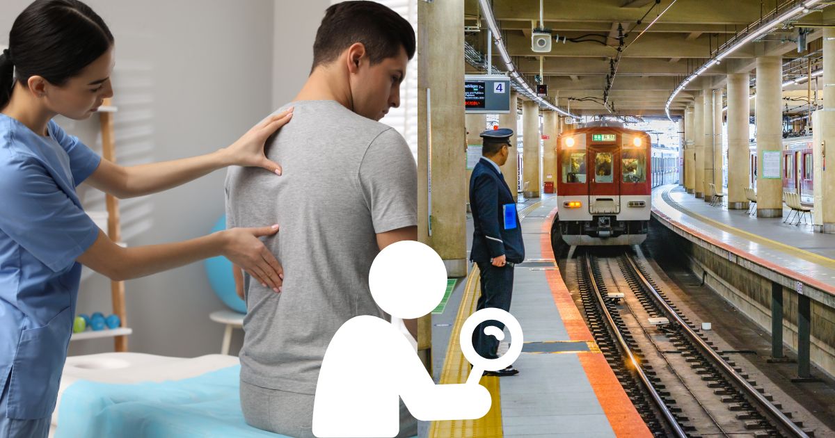 整体師が男性の背中を施術する様子と、電車のホームで駅員が電車を見送る様子が合成され、出張整体で移動時間をなくすことを表現。